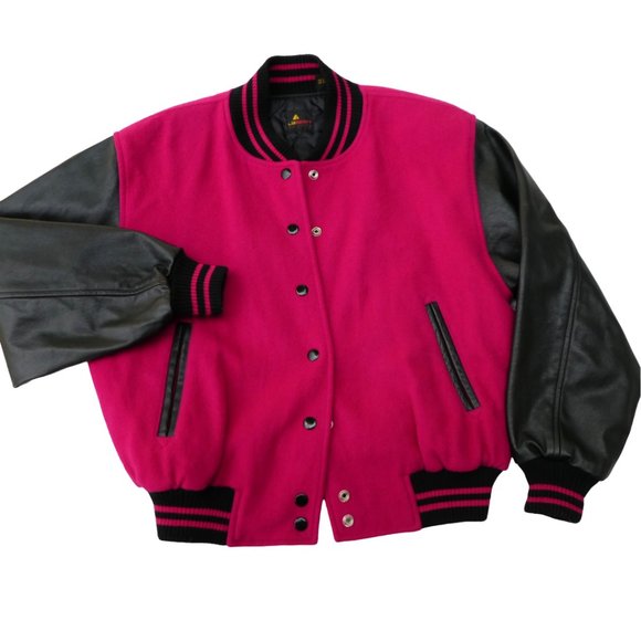 Vintage Jackets & Blazers - LeaTHeR Vintage Dark Pink WooL Black Letterman Varsity Bomber Jacket LizSport M